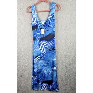 Studio West Maxi Dress M Blue White Black Swirl Beach Boho V-Neck Sleeveless